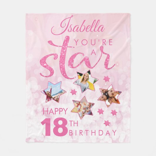 Pink Glam 18th Birthday Star Fotocollage Fleece Deken (Voorkant)