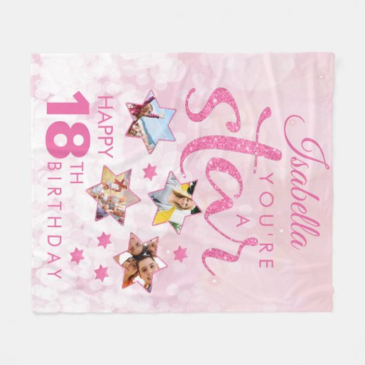 Pink Glam 18th Birthday Star Fotocollage Fleece Deken (Voorkant (Horizontaal))