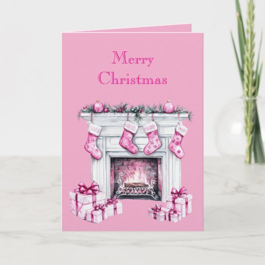 Pink Glam Christmas Stocking Fireplace Kaart (Voorkant)