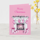 Pink Glam Christmas Stocking Fireplace Kaart (Gele Bloem)