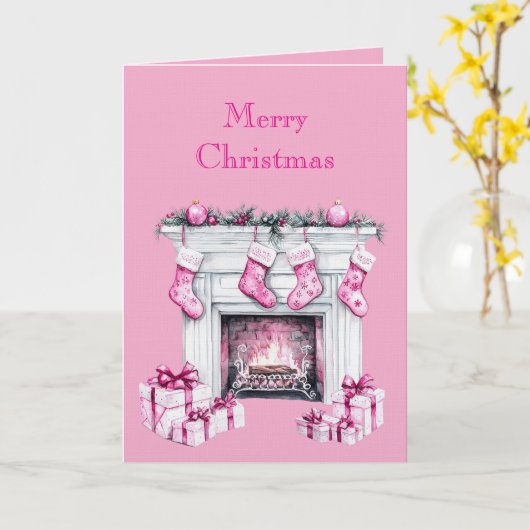 Pink Glam Christmas Stocking Fireplace Kaart (Gele Bloem)