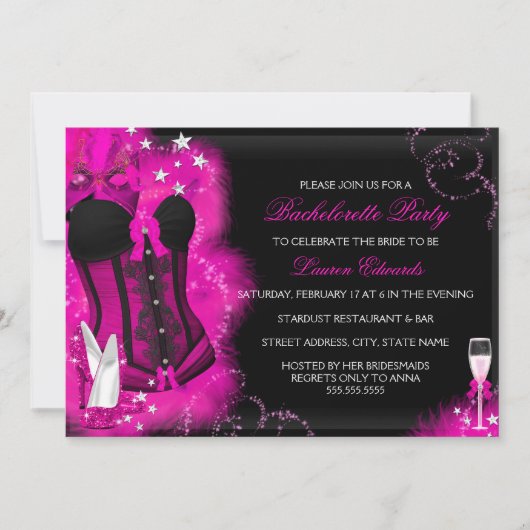 Pink Glam Feather Corset Bachelorette Party Invite Kaart (Voorkant)