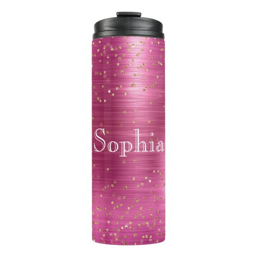 Pink Glam Gold Sparkle Confetti gepersonaliseerd Thermosbeker (Voorkant)
