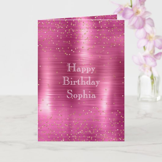 Pink Glam Gold Sparkle Confetti Verjaardag Kaart (Orchidee)
