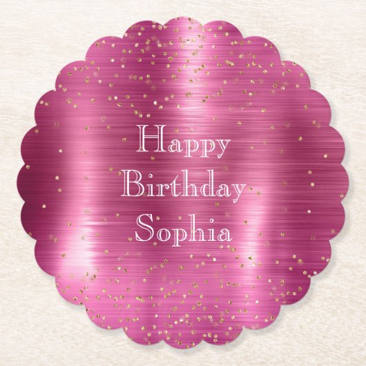 Pink Glam Gold Sparkle Confetti Verjaardag Kartonnen Onderzetters (Voorkant)