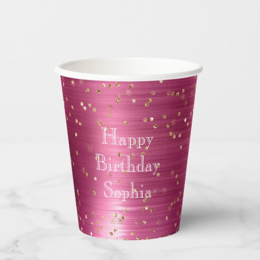 Pink Glam Gold Sparkle Confetti Verjaardag Papieren Bekers (Voorkant)