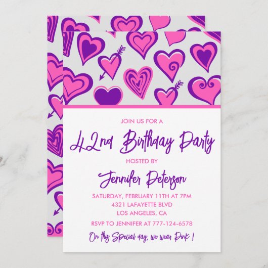 Pink Glam Heart Pattern 42e verjaardag uitnodiging (Voorkant / Achterkant)