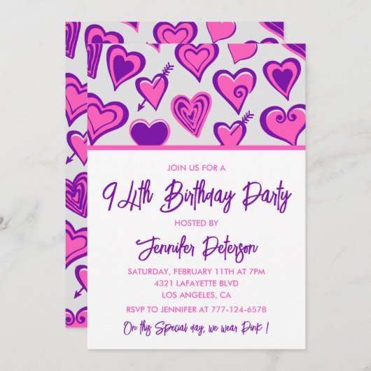 Pink Glam Heart Pattern 94e verjaardag uitnodiging (Voorkant / Achterkant)