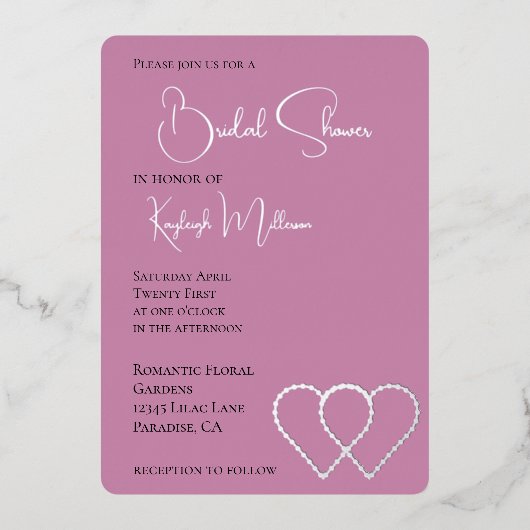 Pink Glam Pearl Two Hearts Vrijgezellenfeest Folie Uitnodiging (Voorkant)