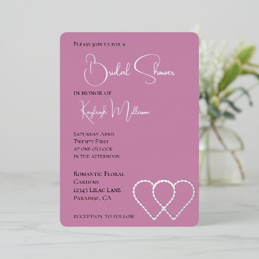 Pink Glam Pearl Two Hearts Vrijgezellenfeest Folie Uitnodiging (Staand Voorkant)
