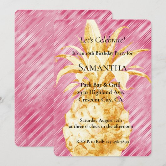Pink Glam Stripes Gouden Ananas Verjaardag Kaart (Voorkant / Achterkant)
