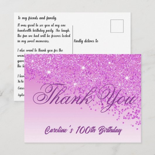 Pink Glitter, 100ste verjaardag Briefkaart (Voorkant / Achterkant)