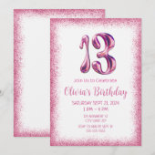 Pink Glitter 13e verjaardag uitnodiging (Voorkant / Achterkant)
