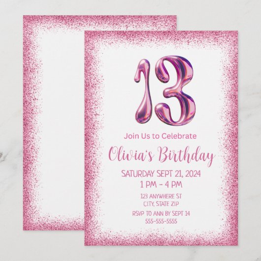 Pink Glitter 13e verjaardag uitnodiging (Voorkant / Achterkant)