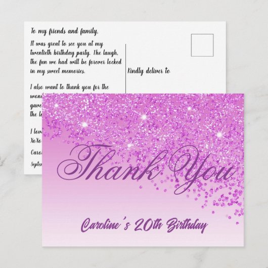 Pink Glitter, 20ste verjaardag Briefkaart (Voorkant / Achterkant)