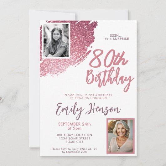 Pink Glitter 2 foto verrassing 80ste verjaardag Kaart (Voorkant)
