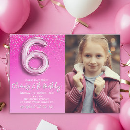 Pink Glitter 6th Birthday for Girl with Photo Kaart