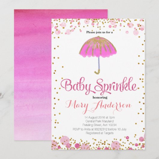 PINK GLITTER Baby Sprinkle Invitation umbrella Kaart (Voorkant / Achterkant)