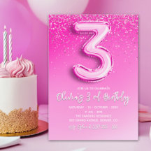 Pink Glitter Balloon 3rd Birthday for Girls