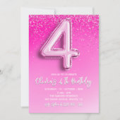 Pink Glitter Balloon 4th Birthday for Girls Kaart (Voorkant)