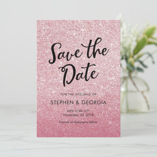 Pink Glitter Bewaar de datum bruiloft uitnodiginge Save The Date (Staand voorkant)
