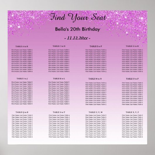 Pink Glitter Birthday Alphabetic Seating Plan Poster (Voorkant)