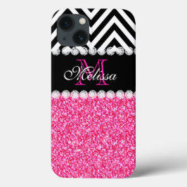 PINK GLITTER BLACK CHEVRON MONOGRAM iPhone 13 HOESJE