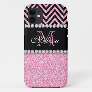 PINK GLITTER BLACK CHEVRON MONOGRAMMED Case-Mate iPhone CASE
