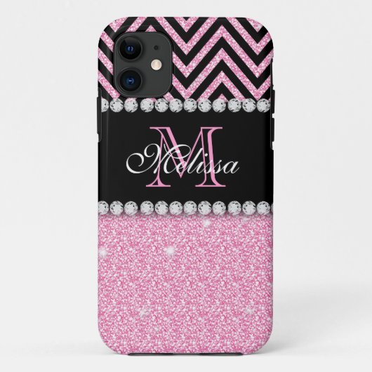 PINK GLITTER BLACK CHEVRON MONOGRAMMED Case-Mate iPhone CASE (Achterkant)