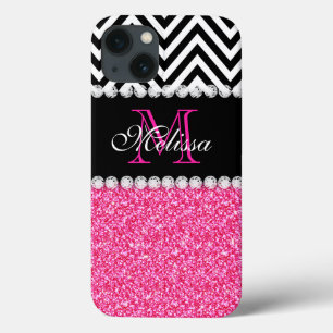 PINK GLITTER BLACK CHEVRON MONOGRAMMED iPhone 13 HOESJE