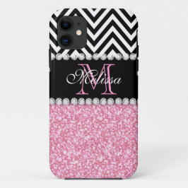 PINK GLITTER BLACK CHEVRON MONOGRAMMED iPhone 11 HOESJE