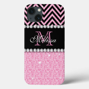 PINK GLITTER BLACK CHEVRON MONOGRAMMED Case-Mate iPhone CASE