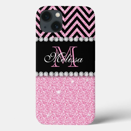 PINK GLITTER BLACK CHEVRON MONOGRAMMED Case-Mate iPhone CASE (Achterkant)