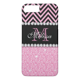 PINK GLITTER BLACK CHEVRON MONOGRAMMED 	iPhone 8/7 PLUS HOESJE