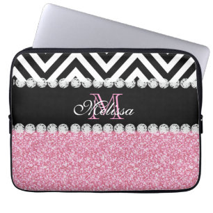 PINK GLITTER BLACK CHEVRON MONOGRAMMED LAPTOP SLEEVE