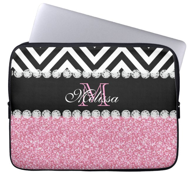 PINK GLITTER BLACK CHEVRON MONOGRAMMED LAPTOP SLEEVE (Voorkant)