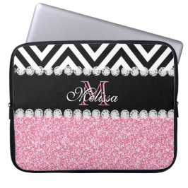 PINK GLITTER BLACK CHEVRON MONOGRAMMED LAPTOP SLEEVE