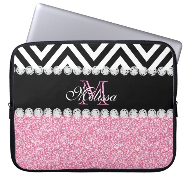 PINK GLITTER BLACK CHEVRON MONOGRAMMED LAPTOP SLEEVE (Voorkant)