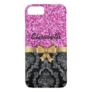 PINK GLITTER BLACK DAMASK GOLDEN BOW MONOGRAM iPhone 8/7 HOESJE