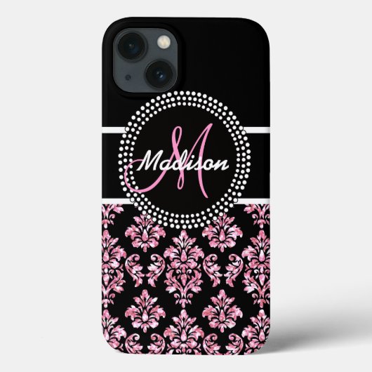 PINK GLITTER BLACK DAMASK UW MONOGRAM Case-Mate iPhone CASE (Achterkant)