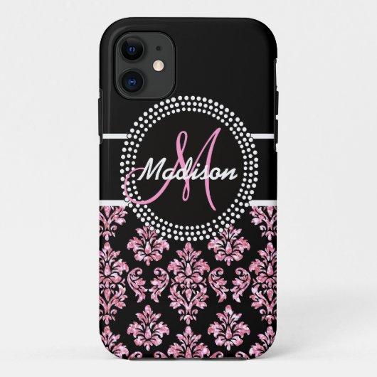 PINK GLITTER BLACK DAMASK UW MONOGRAM Case-Mate iPhone CASE (Achterkant)