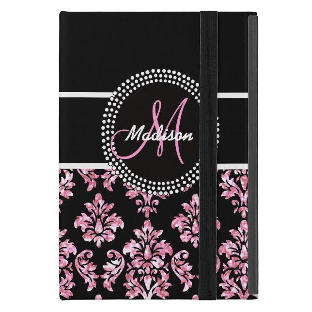 PINK GLITTER BLACK DAMASK UW MONOGRAM iPad MINI HOESJE (Voorkant Dicht)