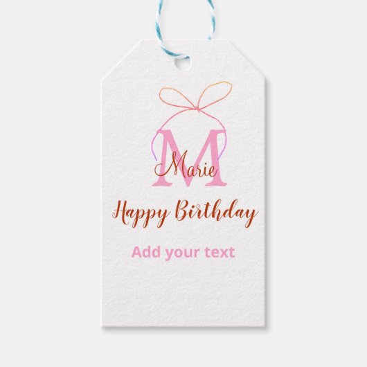 Pink glitter bow add name letter monogram birthday cadeaulabel (Voorkant)