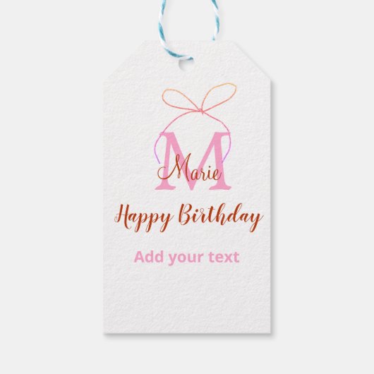Pink glitter bow add name letter monogram birthday cadeaulabel (Achterkant)