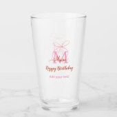 Pink glitter bow add name letter monogram birthday glas (Voorkant)