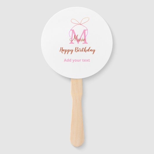 Pink glitter bow add name letter monogram birthday handwaaier (Achterkant)