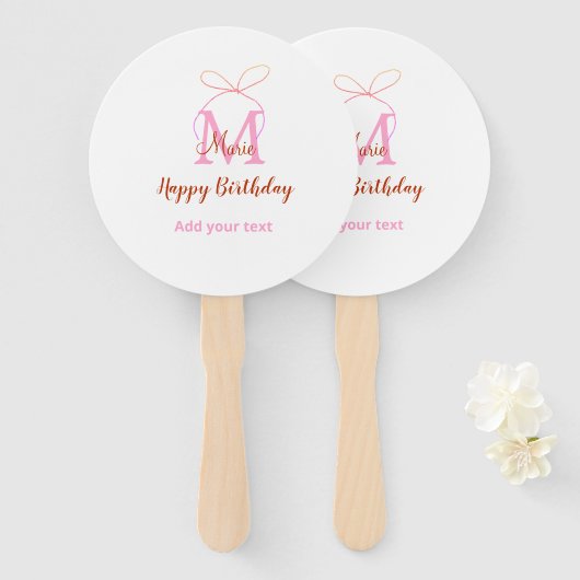 Pink glitter bow add name letter monogram birthday handwaaier (Voorkant en achterkant)