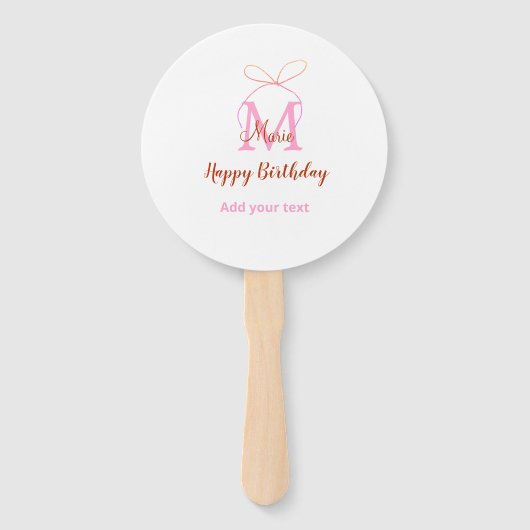 Pink glitter bow add name letter monogram birthday handwaaier (Voorkant)
