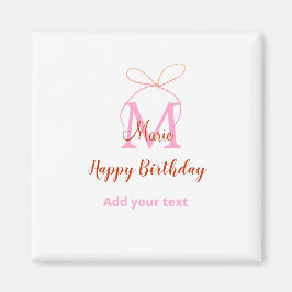 Pink glitter bow add name letter monogram birthday magneet