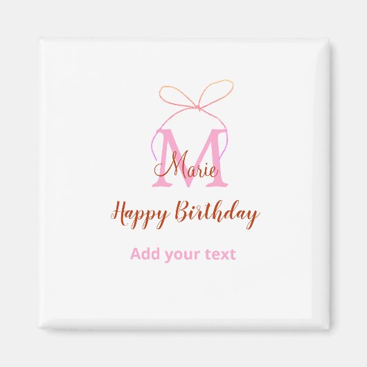 Pink glitter bow add name letter monogram birthday magneet (Voorkant)